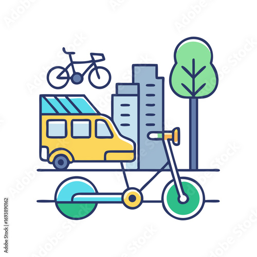Modern urban transportation: icons of bike, car, buildings, scooter, and tree
