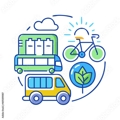 Illustration of sustainable transport and renewable energy sources arranged in a circular design on black background