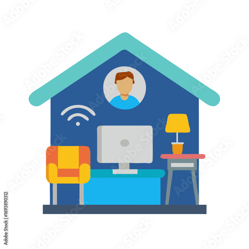 Iconic Illustration of Remote Work Setup with Computer, Lamp and Profile Inside a Home Shape