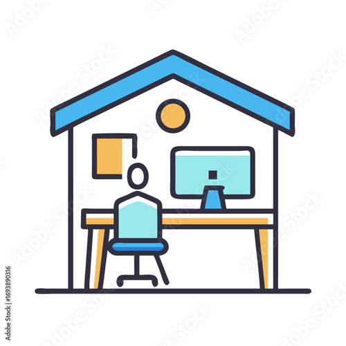 Iconic Illustration of Remote Work Setup Inside House Frame with Computer