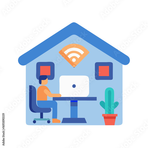 Stylized home office illustration showcasing remote work with laptop, chair, and cactus plant