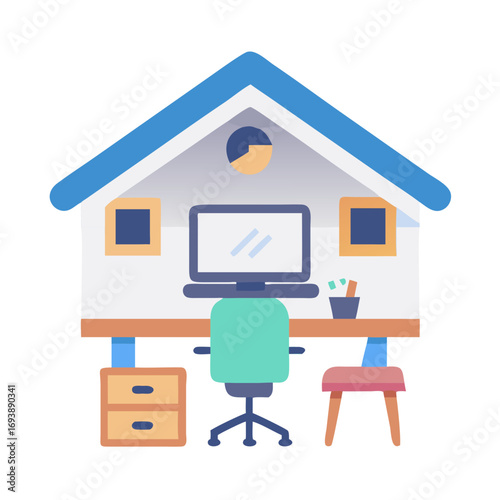 Home office setup in a stylized house shape featuring desk, computer, and furniture