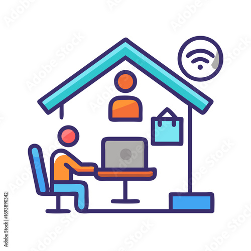Remote Work Setup Showing Home Office Icon with Laptop and Connectivity