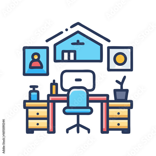 Stylized vector illustration of home office setup with desk, chair, and decoration on black backdrop