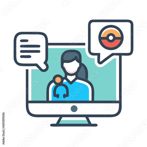 Online medical consultation with doctor depicted on a computer screen, communication and healthcare