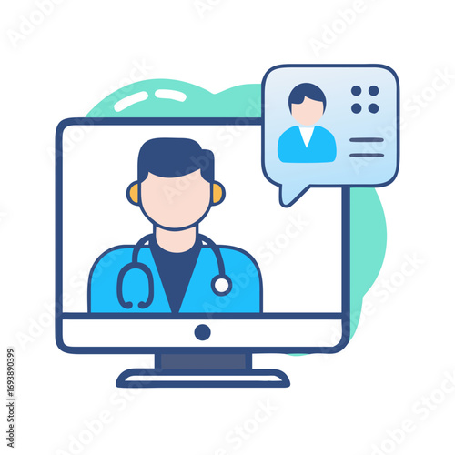 Virtual doctor visit on a desktop computer screen with medical consultation concept