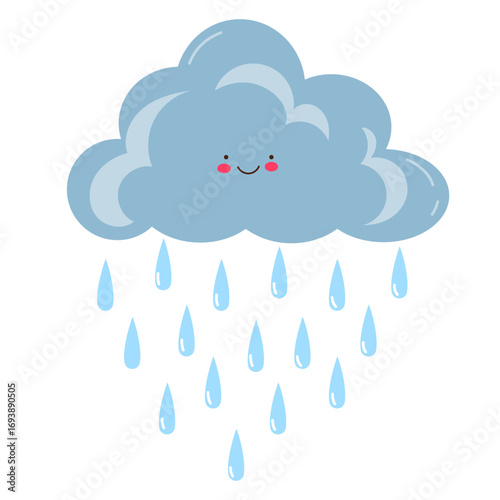 Cute Kawaii Rain Cloud with Raindrops, Kids Illustration, Vector Illustration