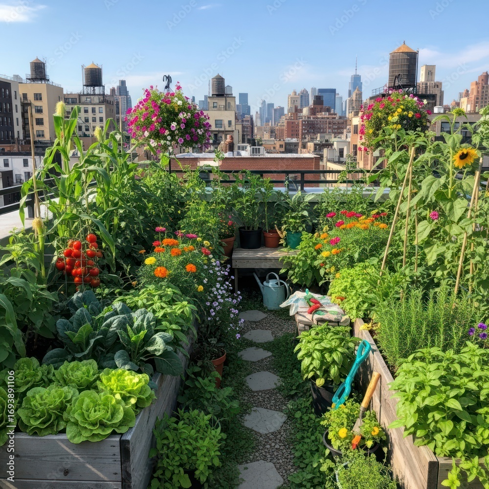 Fototapeta premium Lush Rooftop Garden Oasis in Urban Setting.