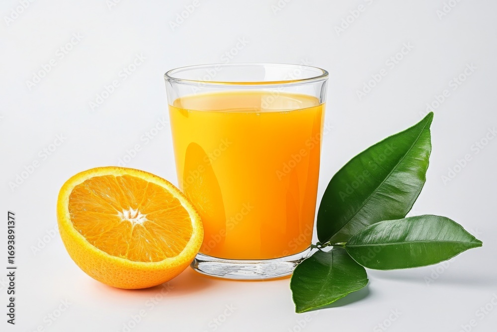 Fototapeta premium Refreshing glass of orange juice with sliced orange, vibrant colors fresh