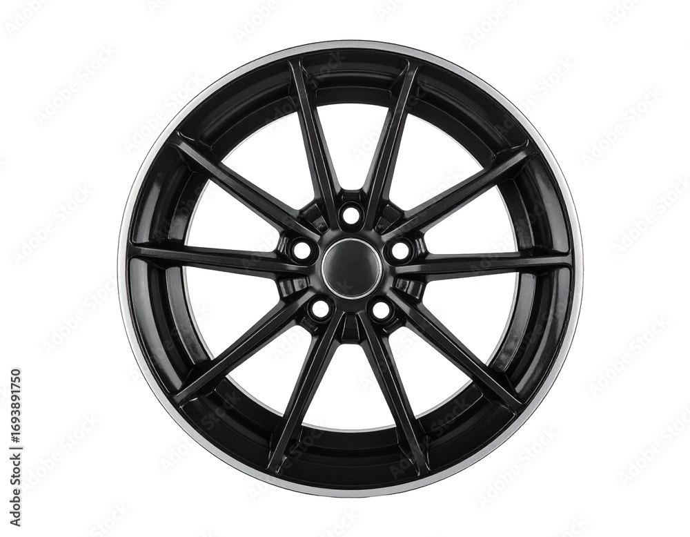 Obraz premium A black car wheel rim with a simple design, isolated on a white background, automotive component.