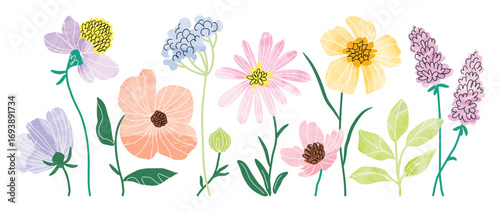 Flower elements vector set. Collection colorful floral of wildflower, leaf branch, foliage with watercolor texture. Hand drawn blossom illustration for decor, easter, thanksgiving, clipart.