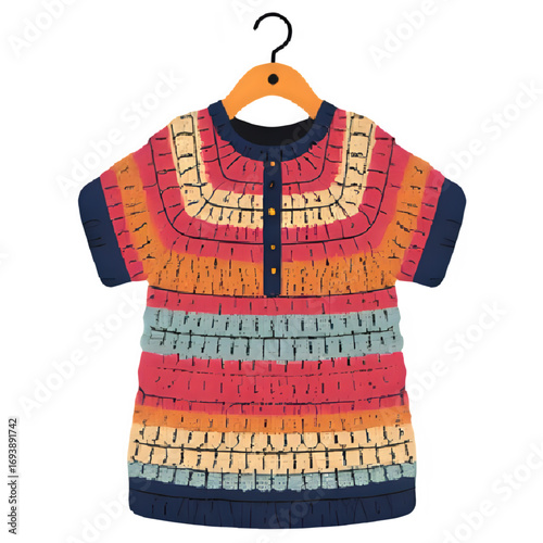 Striped knitted children's sweater hanging on a wooden hanger.