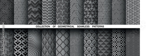 Geometric set of seamless black and gray patterns. Simple vector graphics