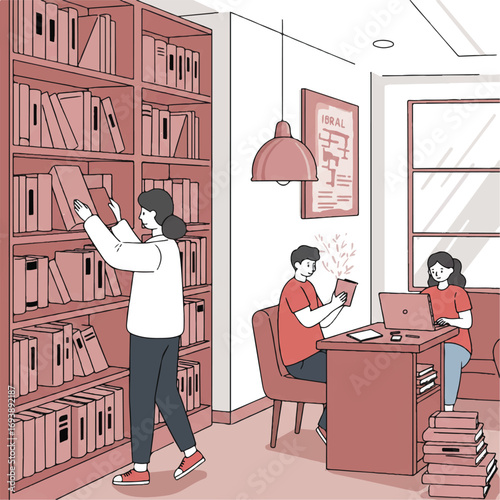 A friendly librarian helps a young student find a book on a shelf in a cozy library, a simplified flat 2D vector illustration with clean outlines and a bright white background.