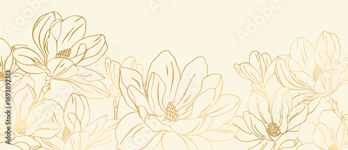 Gold flower hand drawn on white background vector. Natural botanical elegant floral with gold line art. Luxury illustration for decoration, wall decor, wallpaper, cover, banner, package, card.