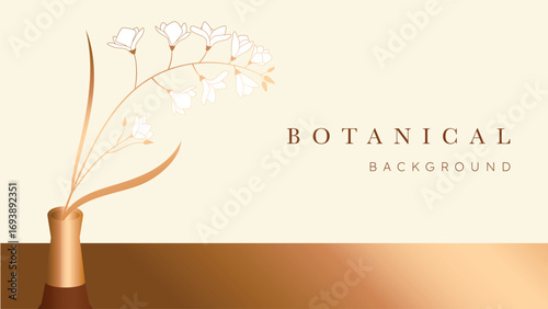 Gold flower hand drawn on beige background vector. Natural botanical elegant floral with stalk and vase. Luxury illustration for decoration, wall decor, wallpaper, cover, banner, package, card.