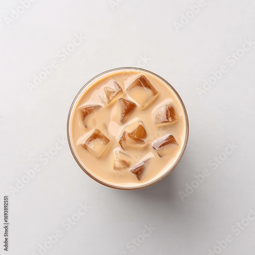 Close-up image of a glass filled with iced coffee and ice cubes on a wooden table