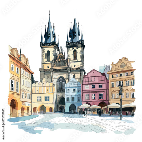 Old Town Square in Prague. Old Town Square in Prague watercolor vector illustration