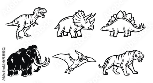 Black and white outline illustrations of various prehistoric animals including dinosaurs, a woolly mammoth, and a saber-toothed tiger.