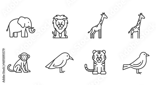 A collection of eight wild animal icons in a simple black outline style, including an elephant, lion, giraffe, monkey, bird, and tiger.