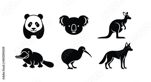 Black silhouettes of various unique animals including a panda, koala, kangaroo, platypus, kiwi bird, and dingo.