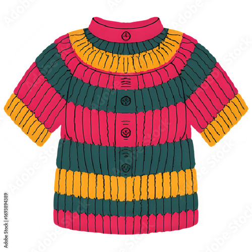 Colorful striped knitted short-sleeved cardigan, vibrant design.