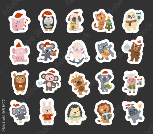 Christmas animal character set in scandinavian style showing many different emotions and funny poses with holiday, festive mood, winter celebration and gift giving activities
