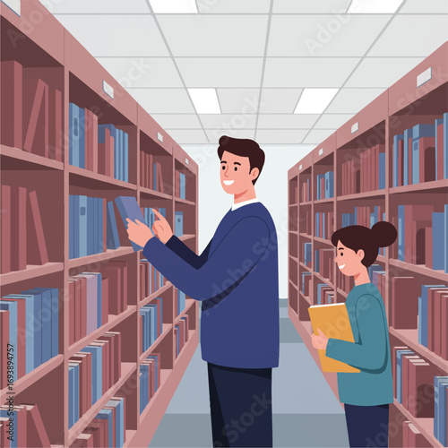 A friendly male librarian smiling, assisting a young student finding a book on a shelf in a public library, with bookshelves in the background, a clean 2D flat vector illustration.