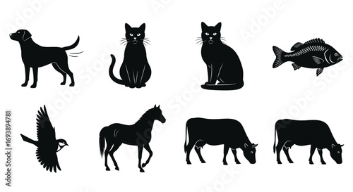 A collection of black silhouette images of different animals, including a dog, cats, fish, bird, horse, and cows.