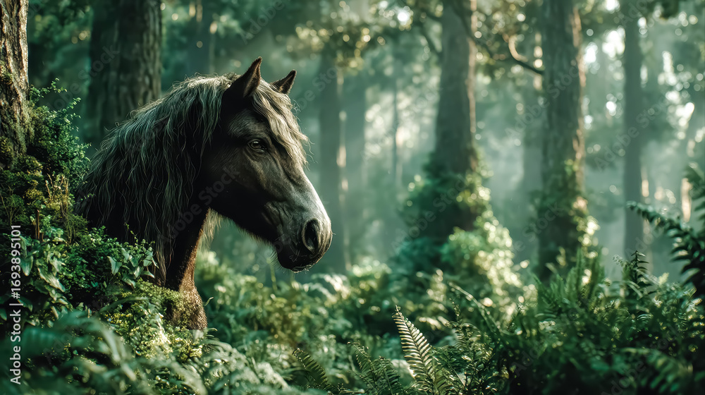 Fototapeta premium Black Horse with Mane in Green Forest under Sunlight in Spring Close Up