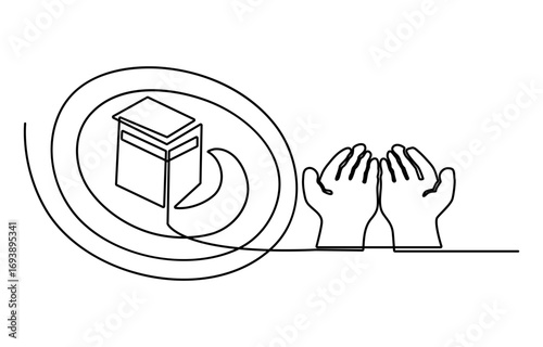 Holy Kaaba in Mecca Saudi Arabia, continuous one line drawing