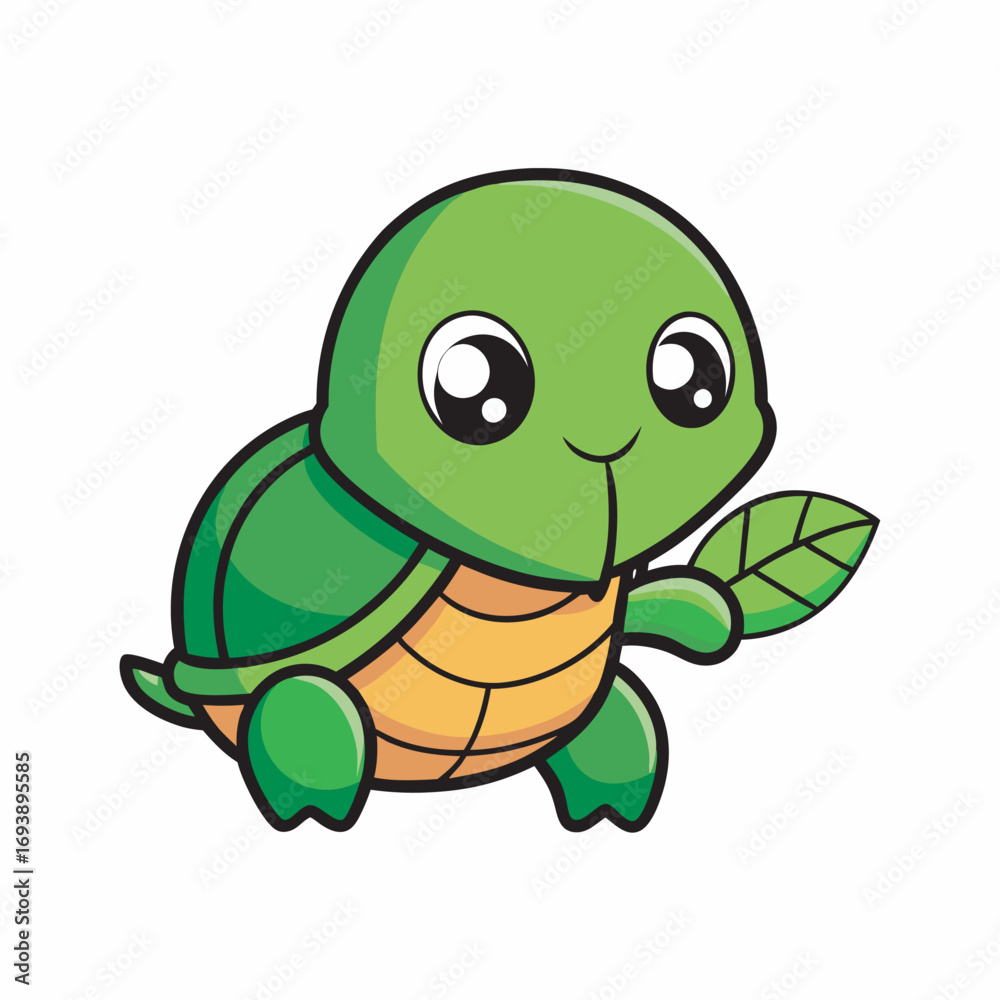 Fototapeta premium Charming Cartoon Turtle with Big Eyes Holding a Leaf An Adorable Reptile in a Playful Illustration Style