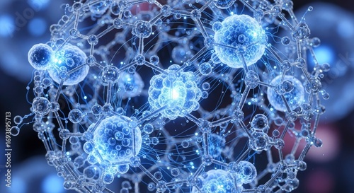 A glowing interconnected molecular structure composed of transparent blue spheres and a lattice framework set against a dark blurred background