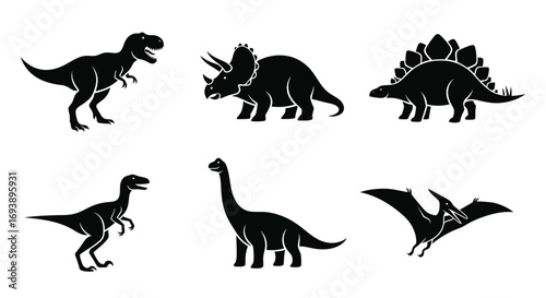 A collection of six black silhouettes of various prehistoric dinosaurs and reptiles on a white background.