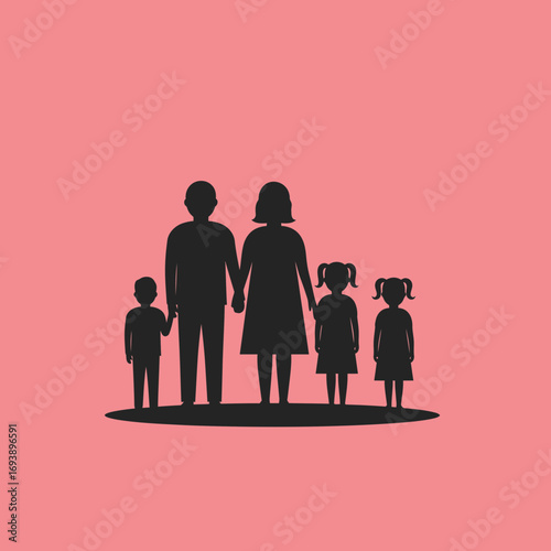 Silhouette family with two daughters on pink suitable for familyoriented designs, parenting resources, diversity in family portrayal, and social media posts.