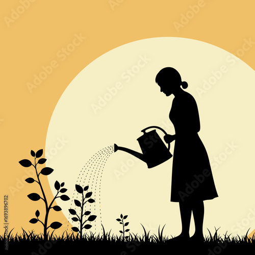 Silhouette of woman watering plants at sunrise, perfect for nature conservation campaigns, gardening blogs, or wellnessthemed designs. Bright and serene.