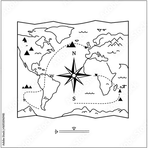 World map illustration with a stylish compass rose motif, perfect for travel brochures, geography lessons, or adventurethemed designs.