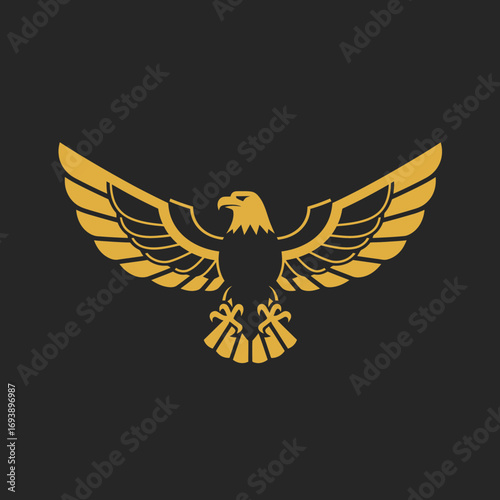 Gold eagle spreads its wings dramatically against black background. Suitable for patriotic and naturethemed designs, logos, and advertisements.