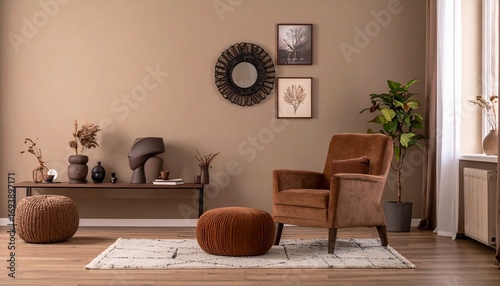 Living room interior in brown mocha mousse 2025 color with brown armchair and decor
