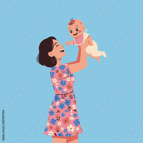Happy mother in floral dress holds baby in the air. Suitable for family, parenting, happiness, and motherhood concepts. Joyful moment captured.