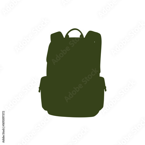 Dark green silhouette of a backpack suitable for outdoor and adventurerelated designs. Perfect for camping, hiking, travel, or exploration themes.