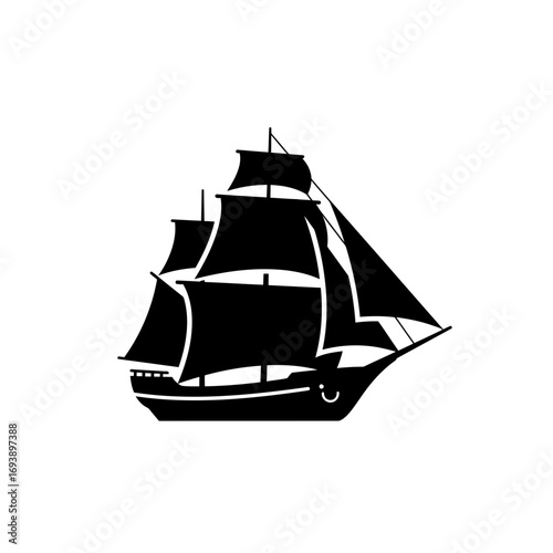 Silhouette of an old sailing ship with several sails. Perfect for nauticalthemed designs, travel brochures, maritime posters, and historical presentations.