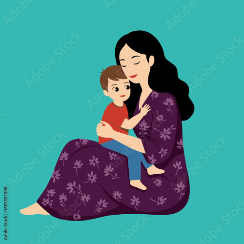 Beautiful illustration of mother embracing child. Suitable for motherhood, love, family, parenting, mothers day, and greeting card designs.
