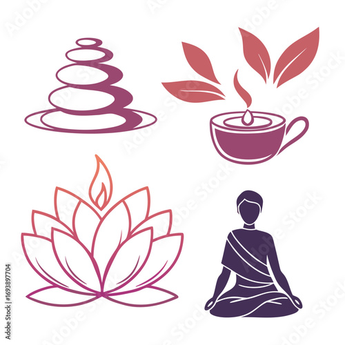 Spa and wellness vector logo set zen stones, aroma therapy, lotus flower and meditation symbols in purple and pink color