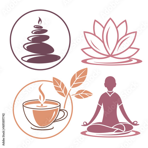 Zen wellness concept stacked stones, lotus flower, cup of tea, and meditating person for relaxation and mindfulness practice