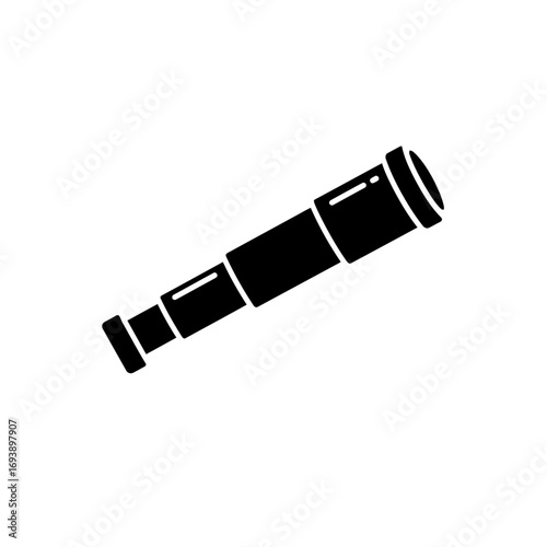 Solid black telescope illustration suitable for icons, logos, and graphic design projects requiring a simple and bold visual element.
