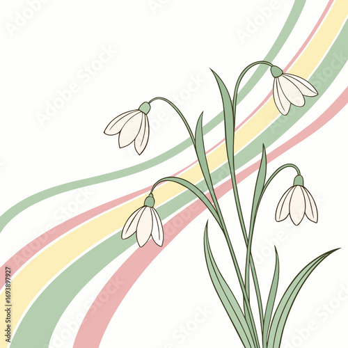 Floral design with pastel stripes showcasing elegant snowdrop flowers, slender leaves, and a gentle color scheme for a peaceful vibe