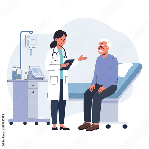 A friendly female doctor in a lab coat explains medical information to an elderly male patient on an examination bed, depicted in a clean 2D flat vector illustration.