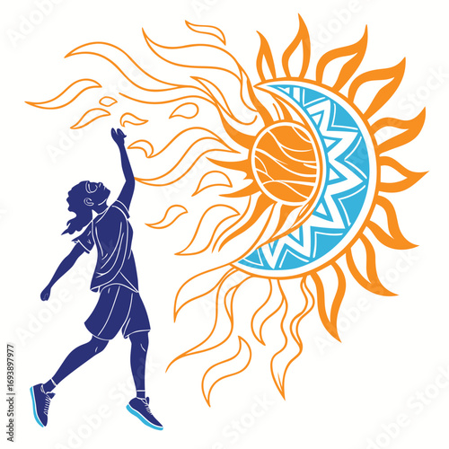 A woman is reaching for the sun, which is half sun and half moon
