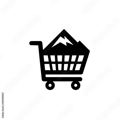 Vector illustration of shopping trolley with mountain symbol for travel gear and eco friendly commerce